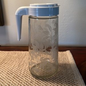 1970’s Tang Glass 1 qt Pitcher Etched Floral White Lid